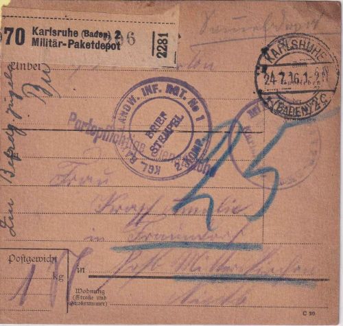 DR - Karlsruhe 1916 portopfl. Militärpaketkarte n. Fraundorf P. Mitterskirchen
