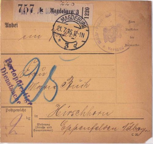 DR - Magdeburg Militärpaketamt unfrank. Militärpaketkarte 21.7.16 Nachporto "25"