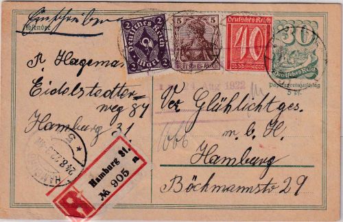 DR-Infla - 30 Pfg. Postreiter Ganzsache+Zusatz Ortseinschreibekarte Hamburg 1922
