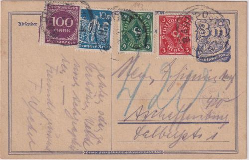 DR-Infla - 3 M Postreiter Ganzsache+Zusatz Bahnpost (Hanau) 16.8.23 - Nachporto