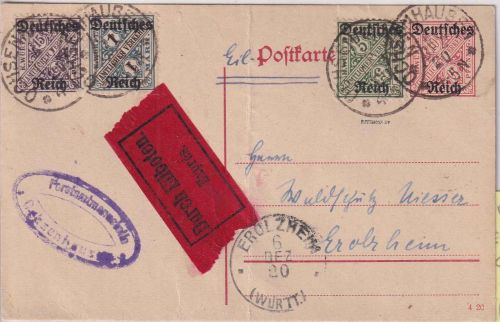 DR-Infla - 10 Pfg. Württ./DR Dienst-Ganzsache+Zusatz Eilkarte Ochsenhausen 1920