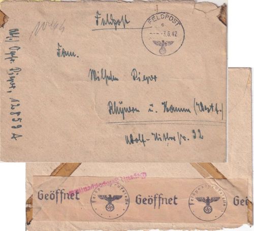 DR - Fp.Nr. 12859A Feldpostbrief 3.6.42 n. Rhynern b. Hamm Feldpostzensur