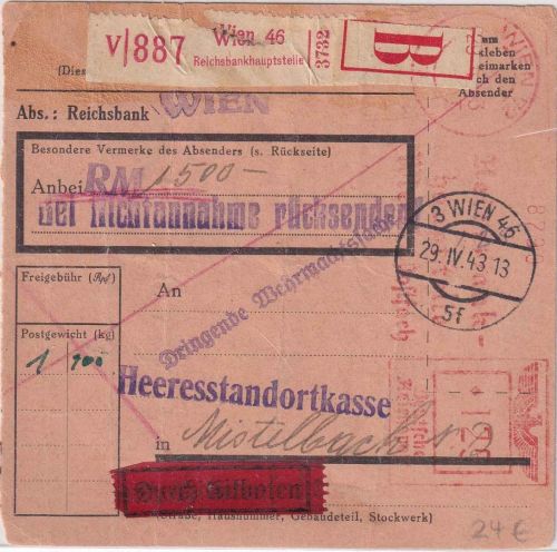 DR - Wien 46 Reichsbankhauptstelle 125 Pfg. AFS Eil-Wertpaketkarte 29.4.43