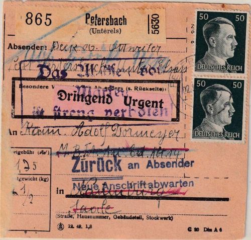 DR - 3x50+25 Pfg. AH Dringendpaketkarte Petersbach - Naumburg (Militär) 1943