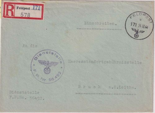 DR - Fp.Nr. 56492 (Stab III+7./9. Bttr. AR96) Feldpost-Einschreibebrief 24.10.44