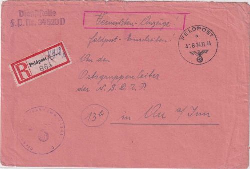 DR - Fp.Nr. 34520D (Italien) Feldposteinschreibebrief n Au a/Inn (Gars) 24.11.44