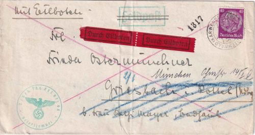 DR - 40 Pfg. Hindenburg Feldpost-Eilbrief Mittenwald - Griesbach 1940 Weiterltg.