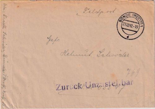 DR - Bünde (Westf.) 27.12.42 Feldpostbrief an Fp.Nr. 03547 (Stalingrad) Zurück !