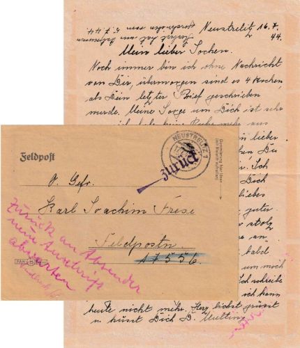 DR - Neustrelitz 17.7.44 Feldpostbrief an Fp.Nr. 17556 "Zurück an Absender..."