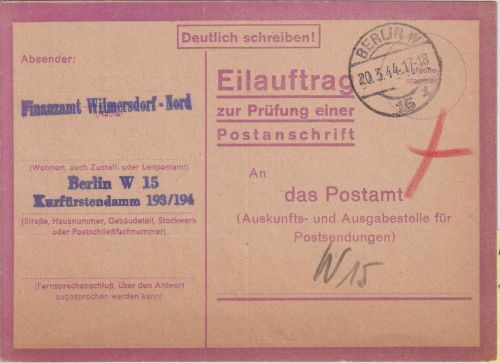 DR - Berlin W15 20.3.44 Eilauftrag z. Prüfung einer Postanschrift