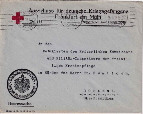 DR - Frankfurt a/M. 1917 Heeressache/Ausschuss f. Kriegsgefangene Vordruckkuvert