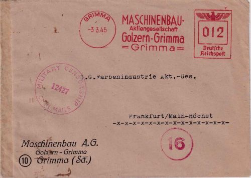 DR - 12 Pfg. AFS Maschinenbau Golzern Firmenbrief 3.3.45 n. FFM - US-Zensur !