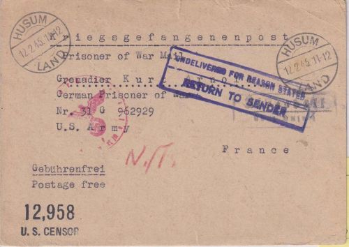 DR - Ülvesbüll ü. Husum Landpost-Ra2 Kriegsgefangenenkarte n. FRANKREICH 12.2.45