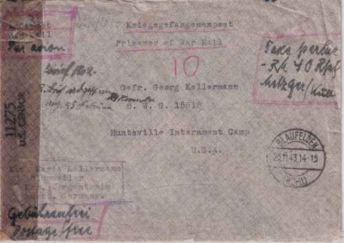 DR - Blaufelden 25.11.43 (Blumweiler) Kriegsgefangenen-Luftpostbrief n. USA