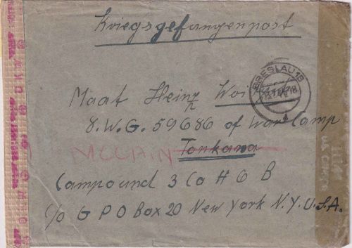 DR -Breslau 18 13.7.44 Kriegsgefangenenbrief n. USA (Camp Tonkawa) Weiterleitung