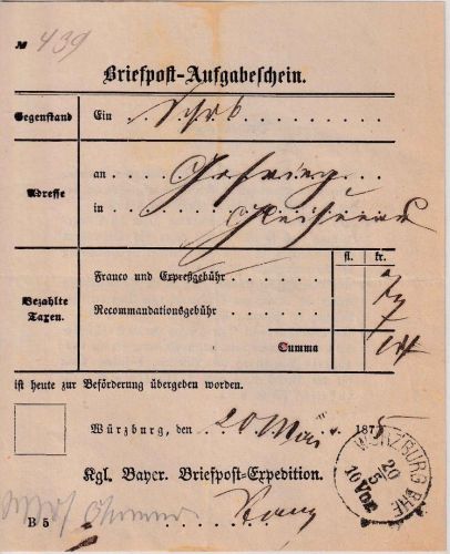 Bayern - Würzburg Bhf 20/5 (1875) Briefpost-Aufgabeschein f. Chargebrief