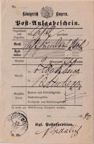 Bayern - Würzburg I 15. DEC (1880) Post-Aufgabeschein f. Wertbrief (2,7kg !)