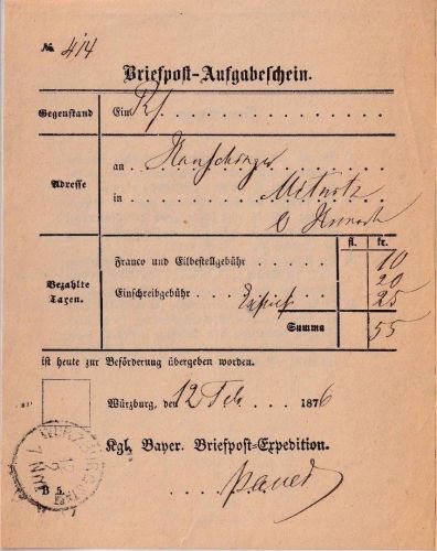 Bayern - Würzburg Stadt 12.2. (1876) Post-Aufgabeschein f. Eil-Einschreibebrief