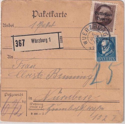 Bayern - 1 M. Ludwig/Volksstaat u.a. Paketkarte Würzburg 1 - Nürnberg 6. JUN 19