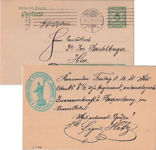 Bayern - 5 Pfg. Rauten Ganzsache/Ortskarte Entomologische Ges. Würzburg 1909