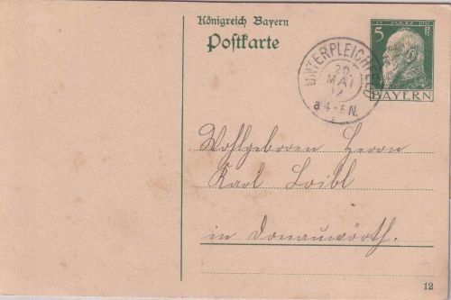Bayern - Unterpleichfeld 20. MAI 12 K2 5 Pfg. Ganzsachenkarte n. Donauwörth