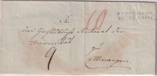 Bayern/Württemberg - R3 Würzburg 20. JUN 1816 L2 Portobrief n. Ellwangen