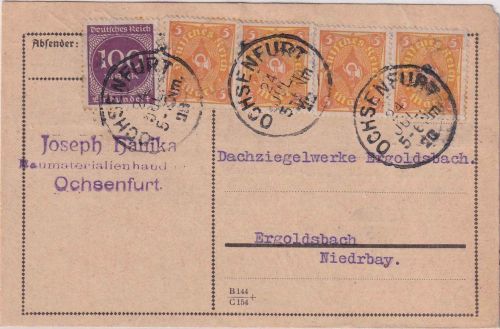 DR-Infla - 4x5 M. Posthorn u.a. Karte Ochsenfurt - Ergoldsbach 24. JUL 23