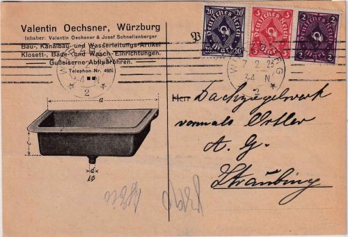 DR-Infla - 20+3+2+ M. Posthorn illustr. Firmenkarte Würzburg - Straubing 7.2.23