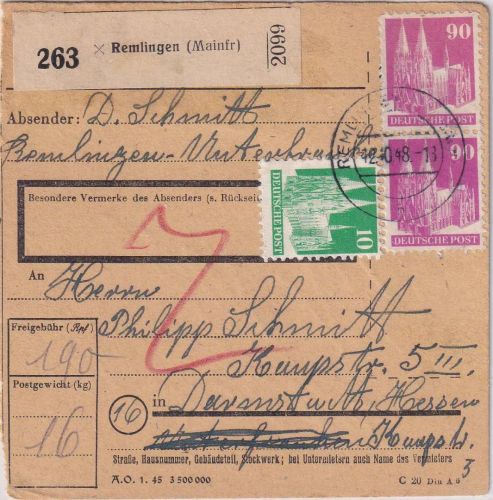 Bizone - 2x90+10 Pfg. Bauten Paketkarte Remlingen - Darmstadt 12.10.48