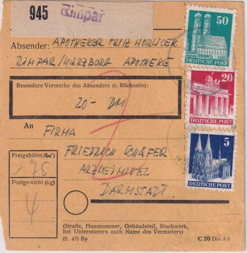 Bizone - 50+20+5 Pfg. Bauten Paketkarte Rimpar ü. Würzburg - Darmstadt 1948