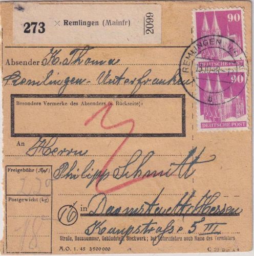 Bizone - 2x90+2x20 Pfg. Bauten Paketkarte Remlingen - Darmstadt 13.10.48