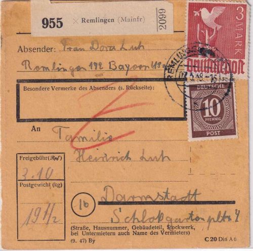 All.Bes. - 3 M. Taube u.a. Paketkarte Remlingen - Darmstadt 7.5.48