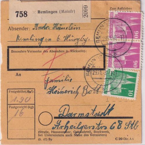 Bizone - 2x90+10 Pfg. Bauten Paketkarte Remlingen - Darmstadt 29.11.48