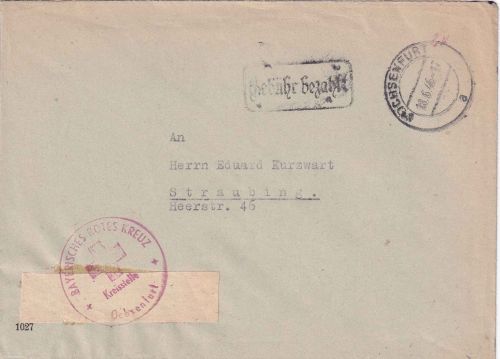 All.Bes. - Ochsenfurt 18.6.46 Gebühr bezahlt Ra1 Brief (Rotes Kreuz) n Straubing