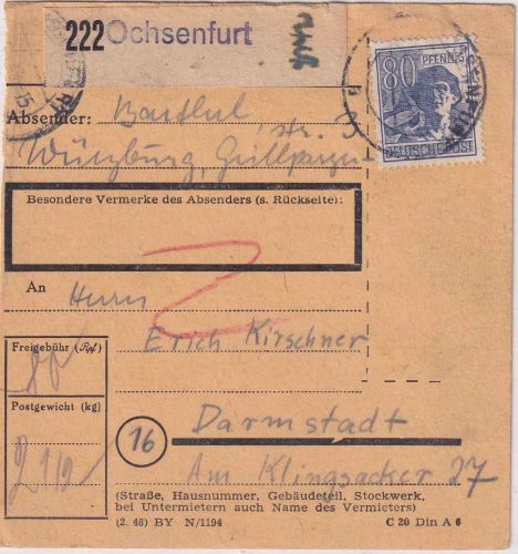 All.Bes. - 80 Pfg. Arbeiter Paketkarte Ochsenfurt - Darmstadt 1948