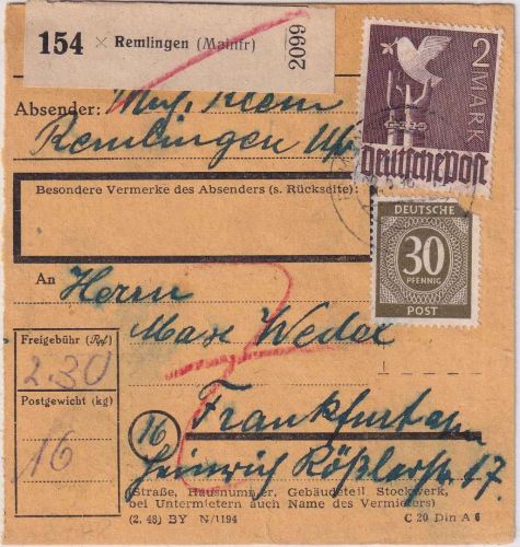 All.Bes. - 2 M. Taube u.a. Paketkarte Remlingen - Frankfurt a/M. 22.5.48
