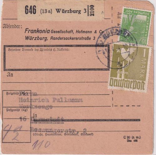 All.Bes. - 1 M. Taube u.a. Paketkarte Würzburg 3 - Darmstadt 15.6.48