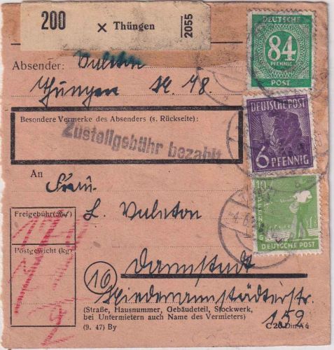 All.Bes. - 84 Pfg. Ziffer u.a. Paketkarte Thüngen - Darmstadt 4.6.48