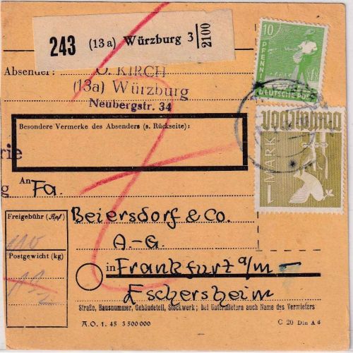 All.Bes. - 1 M. Taube u.a. Paketkarte Würzburg 3 - Darmstadt 15.6.48