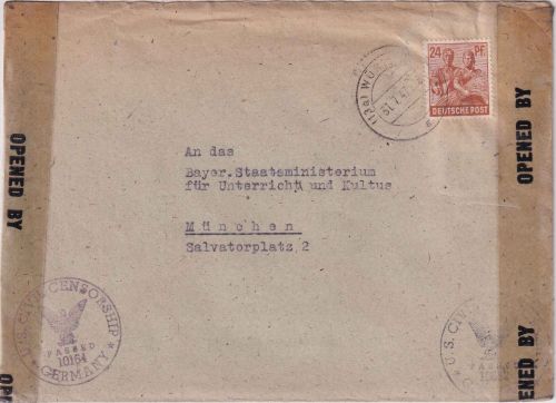 All.Bes. - 24 Pfg. Arbeiter Brief Würzburg - München 31.7.47 Doppelzensur