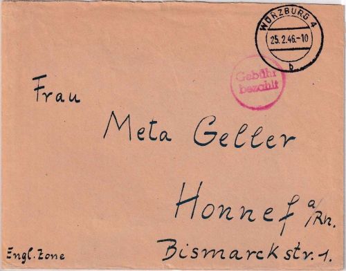 All.Bes. - Würzburg 4 25.2.46 roter Gebühr bezahlt K1 Brief n. Honnef