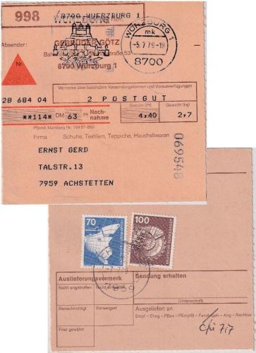 BRD - 100+70 Pfg. I&T unfreie Nachnahme-Paketkarte Würzburg - Achstetten 1979