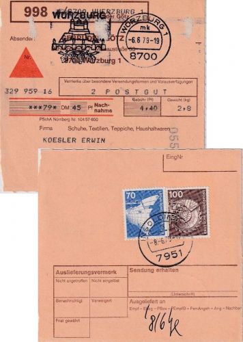 BRD - 100+70 Pfg. I&T unfreie Nachnahme-Paketkarte Würzburg - Ingoldingen 1979