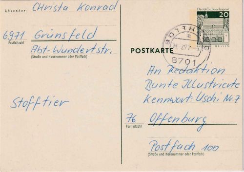 BRD - 8701 Bütthard Tagesstpl. 20 Pfg. Ganzsache Grünsfeld - Offenburg 1971