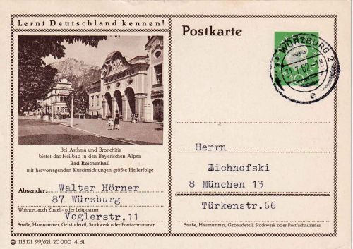BRD - Würzburg 2 31.7.62 apt. Tagesstempel Bildganzsache - PLZ-Umstellung