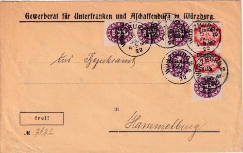 DR-Infla - 2x1 1/2 M.+5x20 Pfg. By-Abschied/DR Dienstbrief Würzburg 2 15. JUL 22