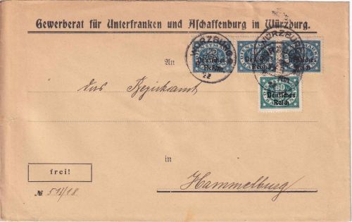 DR-Infla - 3x80+60 Pfg. By-Abschied/DR Dienstbrief Würzburg 2 22. FEB 22