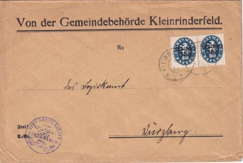 DR-Infla - 2x30 Pfg. By-Abschied/DR Dienstbrief Kleinrinderfeld - Würzburg 1920