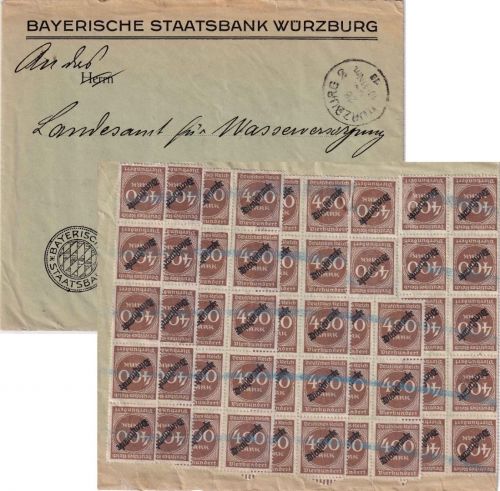 DR-Infla - 50x400 M. Ziffer/Dienst Dienstbrief Würzburg - München 28.8.23