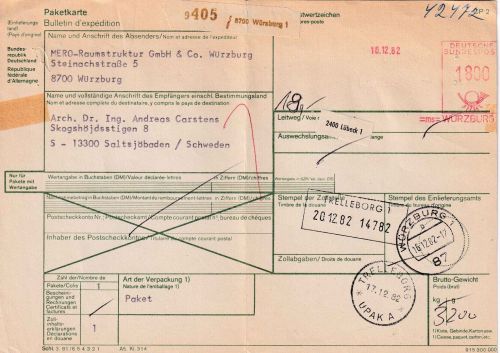 BRD - Würzburg 1982 18 M. Postfreistempel Paketkarte n. SCHWEDEN